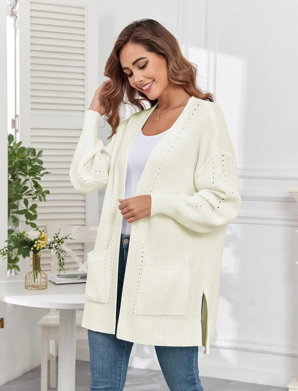 ZAFUL Women's 2024 Fall Knit Cardigans Long Sleeve Open Front Oversized Cardigan Sweaters Jackets with Pockets