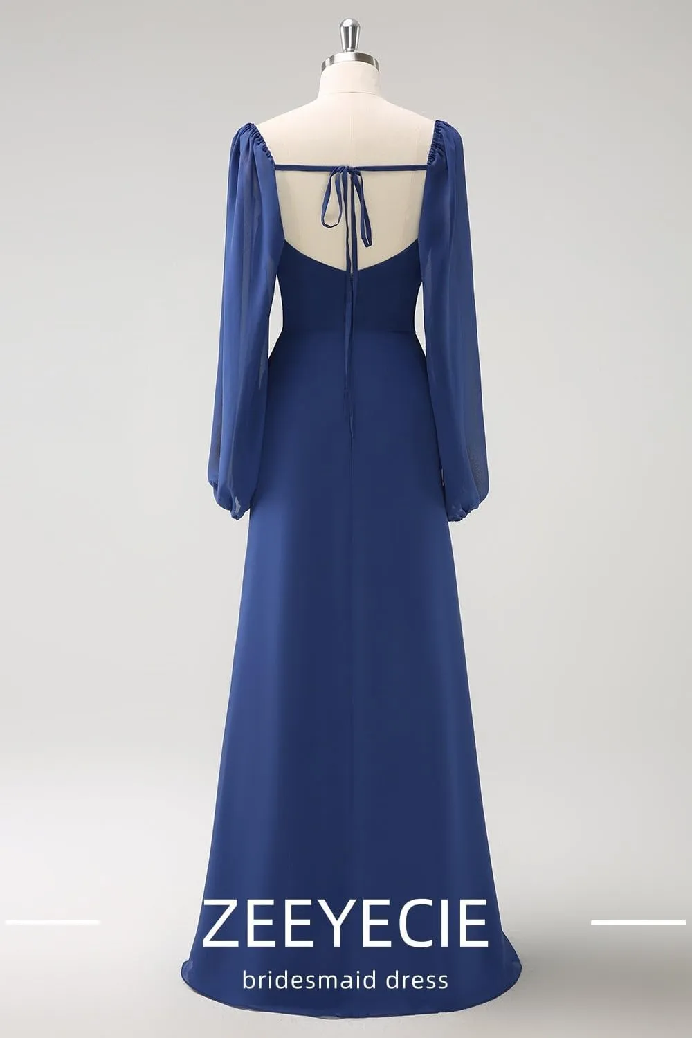 Zeeyecie Long Sleeve Formal Bridesmaid Dresses for Women Chiffon Backless Sexy Maxi Long Wedding Guest Dresses with Slit