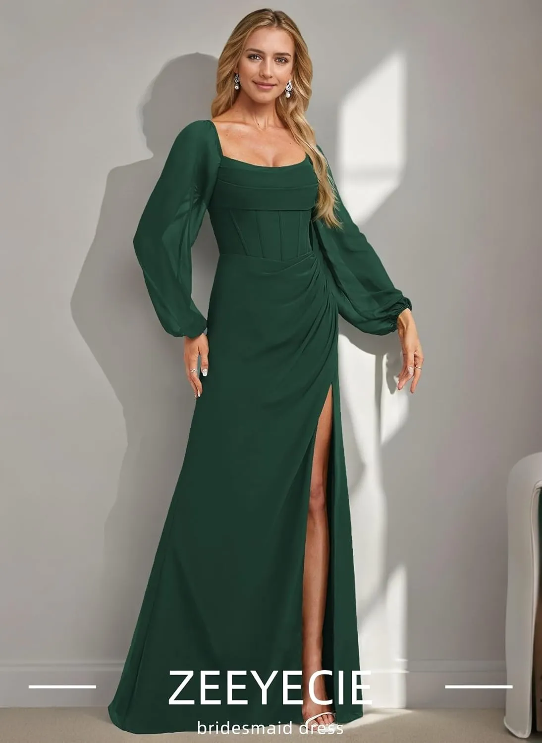 Zeeyecie Long Sleeve Formal Bridesmaid Dresses for Women Chiffon Backless Sexy Maxi Long Wedding Guest Dresses with Slit
