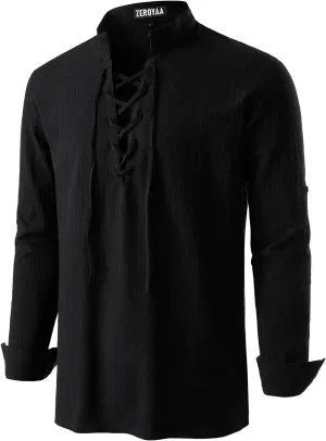 ZEROYAA Men's Medieval Vintage Long Sleeve Lace Up Shirt Renaissance Costume for Halloween Viking Pirate Cosplay