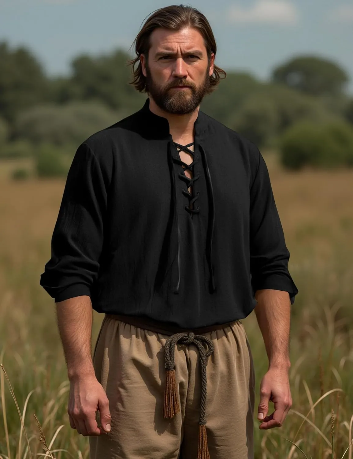 ZEROYAA Men's Medieval Vintage Long Sleeve Lace Up Shirt Renaissance Costume for Halloween Viking Pirate Cosplay