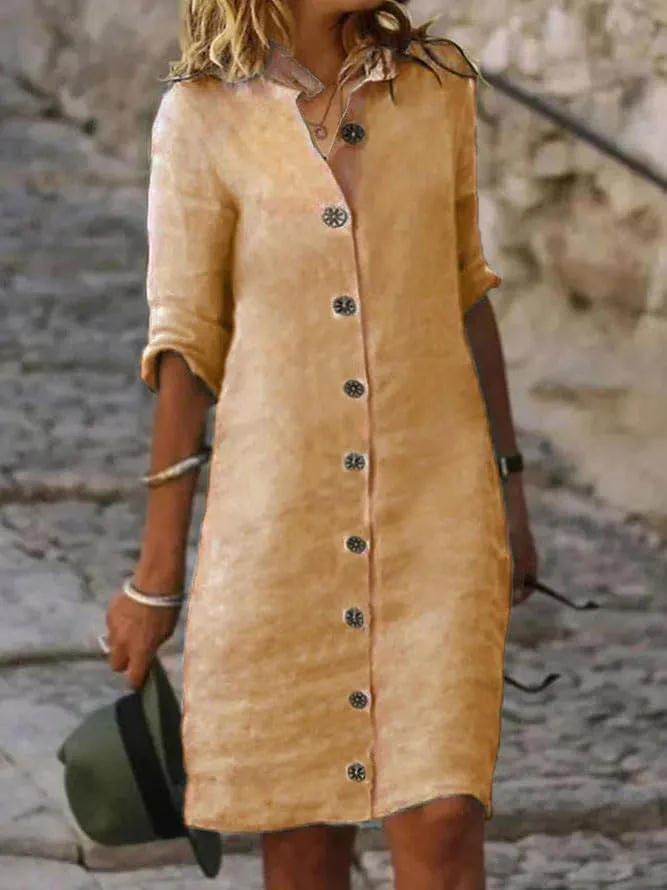 ZOCAVIA Cotton Linen Shirt Dress for Women Fashion Button Down Half Sleeve V Neck Beach Casual Loose Fit Solid Midi Dresses
